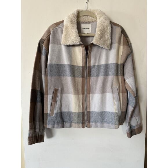 Lucky Brand Jackets & Blazers - $170 NWT Lucky Brand Cropped Boxy Jacket Faux Shearling Collar Tan Blue Plaid